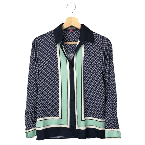 Vince Camuto Navy & Mint Green Printed Long Sleeve Button Down XS Petite - Picture 1 of 3